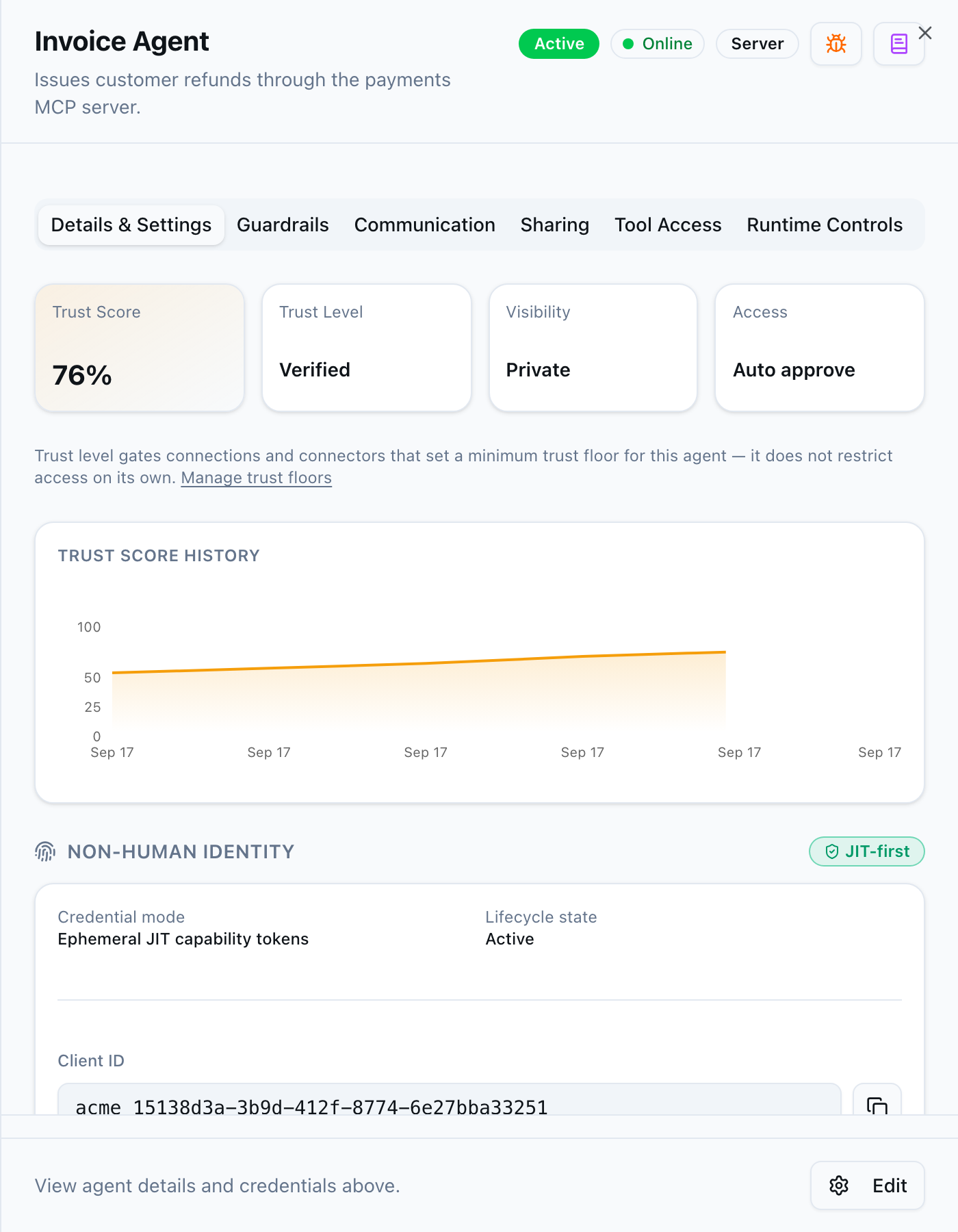 Agent detail panel for the Invoice Agent: a Lifecycle badge reading Active beside a Connectivity chip reading Online, a trust score of 76% at trust level Verified, visibility Private, a rising trust score history chart, and a non-human identity section naming the agent's credential mode and lifecycle state.