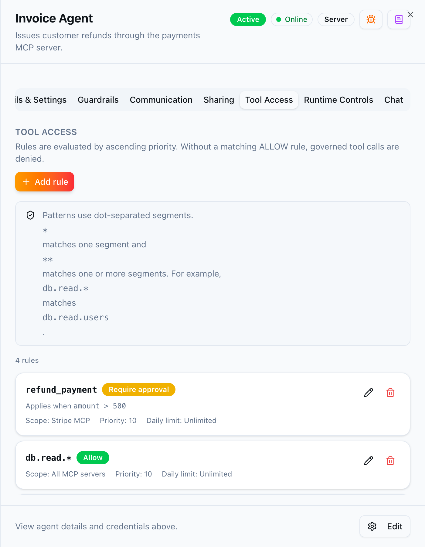 Tool Access tab for the Invoice Agent: four rules evaluated by priority. At the top of the list: refund_payment, marked Require approval and applying when the amount is over 500, then db.read.*, marked Allow across all MCP servers.